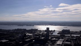 Aerial view of city and of the river Mersey UK 4K