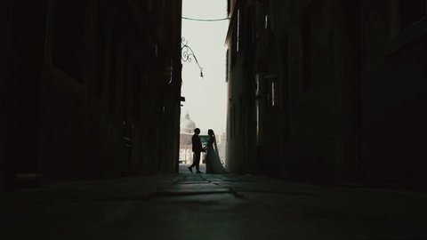Venice. Newlyweds Are Kissing In A Dark Street.