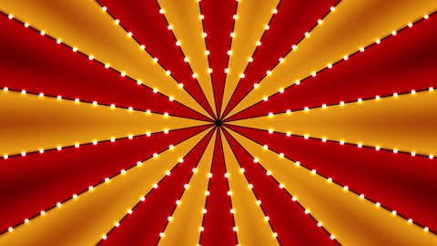 Circus animated rotation looped background of red and gold lines stripe with star constellations light bulbs tinsel. Retro motion graphic sun beam ray. Vintage fun fair burst. Carnival abstract circle