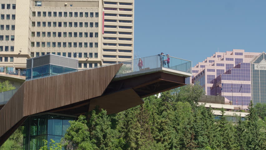Aerial - Drone Edmonton City Downtown Viewpoint With Tourists Pointing