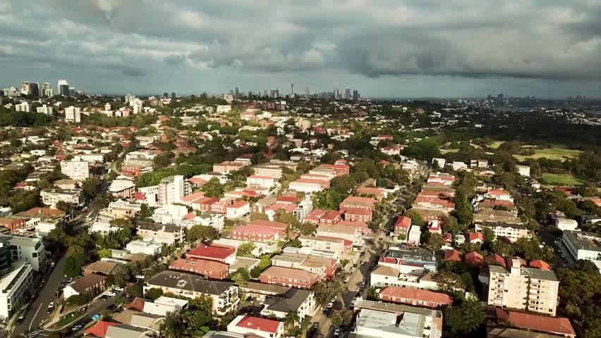 Overview of the skyline in Sydney from Bondi Beach. Buildings and streets in the morning sun