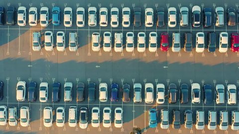 Aerial top view of the dealership terminal parking lot with a rows of new cars on a sunny day