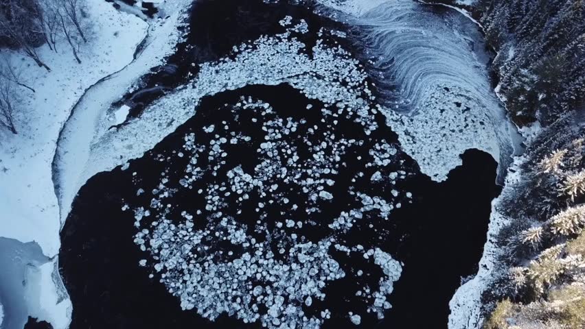 Frozen trees, lake and waterfalls in cottage country.