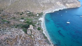 Aerial view in beach of Cala San Pedro. Cabo de Gata, Almeria. Andalusia, Spain. 4k Drone Video