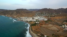 Aerial view in beach of Las Negras. Cabo de Gata. Almeria, Andalusia. Spain. 4k Drone Video