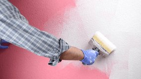 Caucasian house painter worker in white overalls, paint the pink wall with the white paint with the brush. Construction industry. Footage.