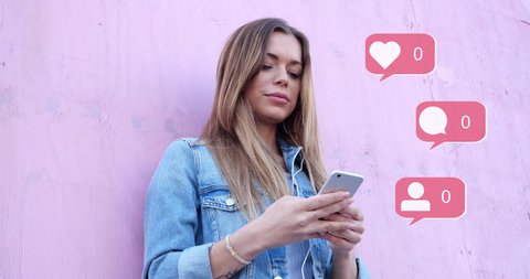 Beauty Cute Influencer Girl Typing on Smartphone Summer Retro Looks with Pink Background Social Media Icons with Like Comment Follower Counter Quick Increase