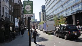 London, UK - April 9 2019: ULEZ (Ultra low emission zone) new charge London prepare for new Ultra Low Emission Zone (ULEZ) with warning signage in central London. stock, footage, video, clip,