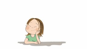 Small cute girl daydreaming, imagining something. Original hand drawn animation of girl with closed eyes, dream bubbles appearing above her head.