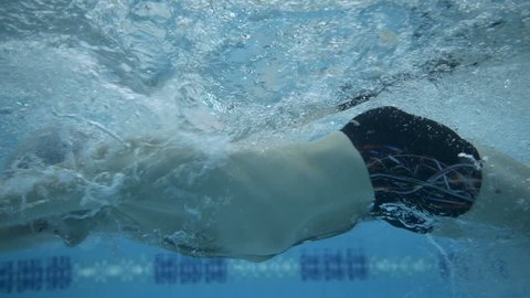 Underwater view of male athlete performing butterfly stroke in swimming pool, Slow motion, Full HD shot