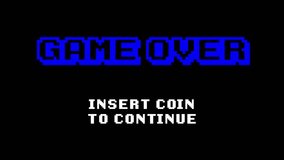A retro vintage 8-bit game over screen (insert coin to continue), with blocky pixelated text; flashing and hue shift effects; black background. - Powered by Shutterstock - Get 15% off with code: PIKWIZARD15