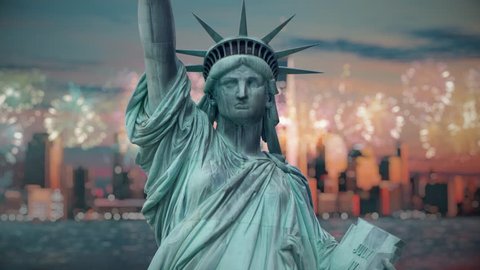 The statue of the Liberty at the 4 of July with Fireworks and Manhattan in a red sunset background, Cinemagraph 4K
