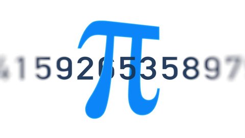 Loopable: Digits of number Pi move through the frame next to Greek mathematical blue symbol Pi on white background.