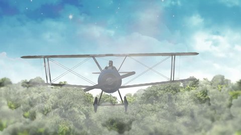 Biplane Flying Over Tree Tops and Clouds 4K Loop features an animated biplane flying over treetops and through clouds in a loop