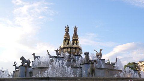 KUTAISI, GEORGIA - JULY 2018: Beautiful fountain in Kutaisi, Georgia. Kutaisi Fountain is located in the central square of Kutaisi, named David Agmashenebeli.
