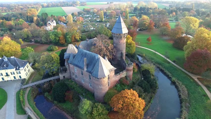 4k aerial drone video of castle Linn in Krefeld, Germany.