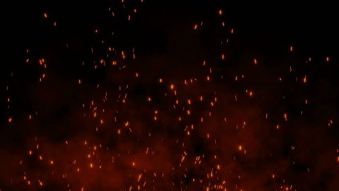 Burning hot bonfire fire sparks on a dark background. Cartoon fire Animation. Raging Cartoon Campfire Flames.Particles over black background.Flying Embers from fire.