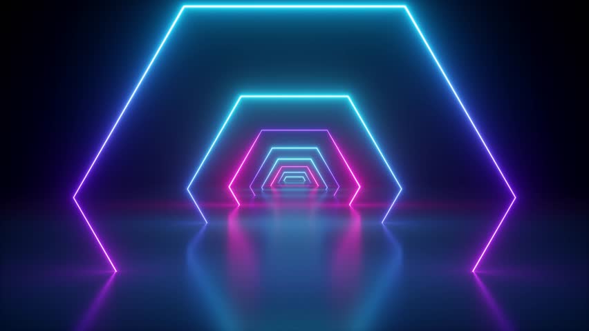 Flight through spinning hexagonal corridor, glowing tunnel, pink blue neon light, abstract background, 80's retro style, k pop music stage, fashion podium, hexagons rotating, looped animation | Shutterstock HD Video #1027576100