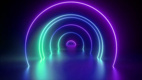 3d render, flight through tunnel, neon light abstract background, round arcade, portal, rings, circles, virtual reality, ultraviolet spectrum, laser show, fashion podium, stage, floor reflection