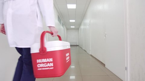 Medical courier delivers human organ for transplant | Male doctor with red organ trafficking container going down the hospital corridor.