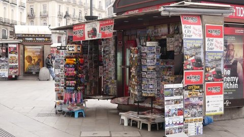 MADRID, SPAIN - MARCH 31, 2019: Newsstand sales of newspapers and magazines press on a Street of Madrid, Spain