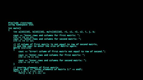 C++ programming code running down a computer screen terminal
