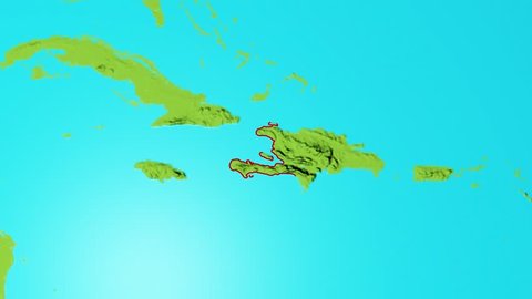 Graphic 3d animated earth showing the borders of the country Haiti and the capital Port-Au-Prince in 4K resolution at daytime