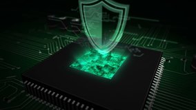 Cyber security concept with shield hologram over working cpu in background. 3D flight over futuristic circuit board. Digital protection, firewall, cyberspace and computer safety abstract animation. - Powered by Shutterstock - Get 15% off with code: PIKWIZARD15