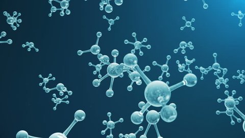 3D animation molecule structure. Scientific medical background with atoms and molecules. Blue background. Scientific animation for your banner, text. Molecule consists of atoms chemical element
