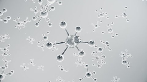3D animation molecule structure. Scientific medical background with atoms and molecules. Grey background. Scientific animation for your banner, text. Molecule consists of atoms chemical element