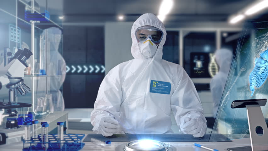 Male Scientist analyzing and interacting with a 3D Rotating DNA Molecule Hologram in a Secure High Level Modern Laboratory. Genetic Engineering Research Facility. Royalty-Free Stock Footage #1027636367