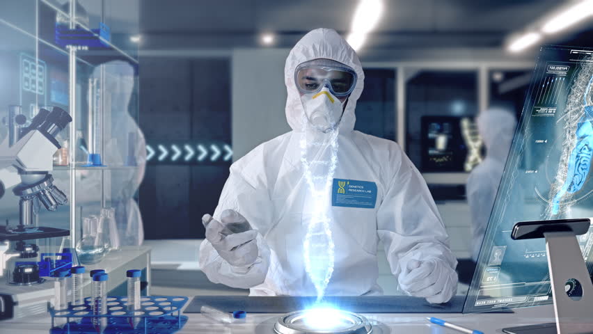 Male Scientist analyzing and interacting with a 3D Rotating DNA Molecule Hologram in a Secure High Level Modern Laboratory. Genetic Engineering Research Facility. | Shutterstock HD Video #1027636367