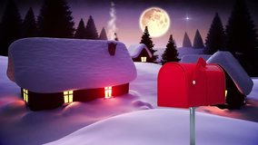 Digitally generated red mail box sending letters during the night. Background shows santa claus flying with the reindeers across the moon in a small snowy village. - Powered by Shutterstock - Get 15% off with code: PIKWIZARD15