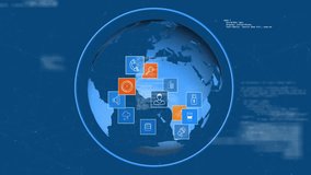 Digitally generated rotating globe while digital icons move and expands - Powered by Shutterstock - Get 15% off with code: PIKWIZARD15