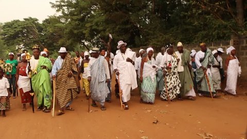 Ouidah, Benin January 10 2015 Procession of voodoo priests and kings at the voodoo festival