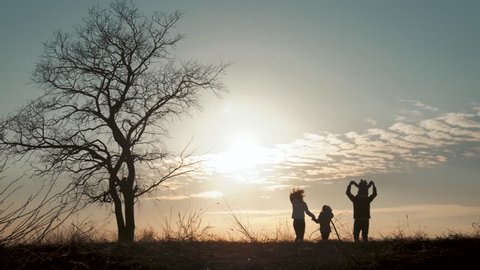 Silhouettes of happy family walking in the meadow near a big tree during sunset. Video de stock