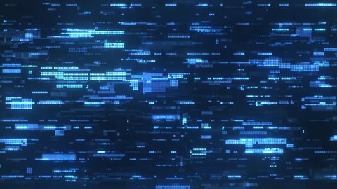 The abstract high-tech digital background represents information transfer. Flying sideways along the bright blue flickering pixels combined into matrices randomly spaced over a dark background.