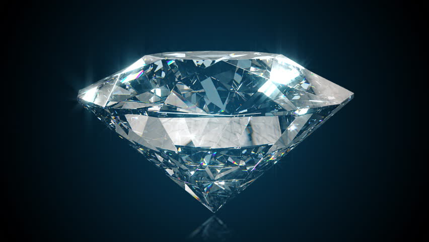 Beautiful large crystal clear shining round cut diamond, rotates against a black mirror isolated background. Close up side view. Seamless loop 4k cg 3D animation