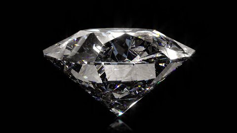 Beautiful large crystal clear shining round cut diamond, rotates against a black mirror isolated background. Close up side view. Seamless loop 4k cg 3D animation
