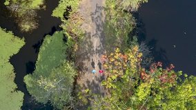 top down drone clip of two runners on a narrow path in the middle of a pond