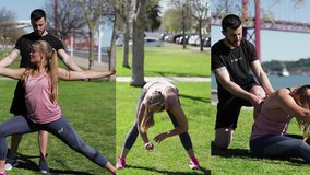 Collage of attractive young Caucasian girl with ponytail in rose T-shirt doing different exercises with muscular athletic mixed-race trainer with beard on quay. Training concept