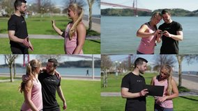 Collage of attractive Caucasian girl with ponytail in rose T-shirt and muscular mixed-race trainer with beard walking on quay, hugging, discussing details of further training. Training concept