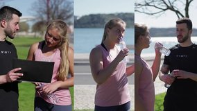 Collage of attractive Caucasian girl with ponytail in rose T-shirt and muscular mixed-race trainer with beard relaxing on quay, drinking water, discussing details of further training. Training concept
