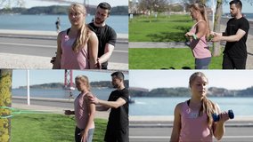 Collage of attractive young Caucasian girl with ponytail in rose T-shirt lifting dumbbells, working biceps with rubber bands with muscular mixed-race trainer with beard on quay. Training concept