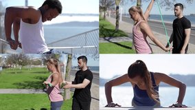 Collage of young people on quay doing different hand exercises, working biceps. Training concept