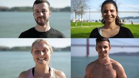Collage of medium shots of young men and women looking at camera on quay after exercising, smiling, looking happy. Lifestyle, training concept