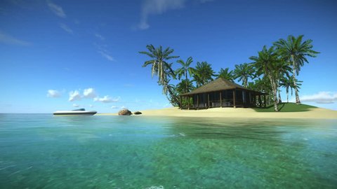 A house in tropical paradise, Resort in tropical island, 3D animation of  the tropical island coast in a calming day, Holidays in the tropical paradise in the ocean, 3d render, seamless wallpaper