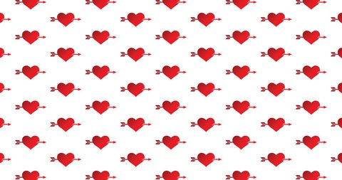 Heart with arrow icons background motion backdrop in a seamless repeating loop.  Cupid's arrow through heart love & romance themed gradient red hearts background CGI high definition motion video clip
