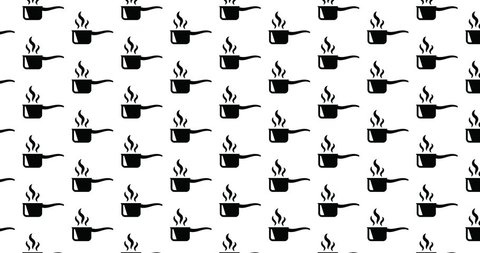Cooking pot icons background clip motion backdrop video in a seamless repeating loop.  Food restaurant & kitchen themed cookware steaming pans pattern background CGI high definition motion video clip
