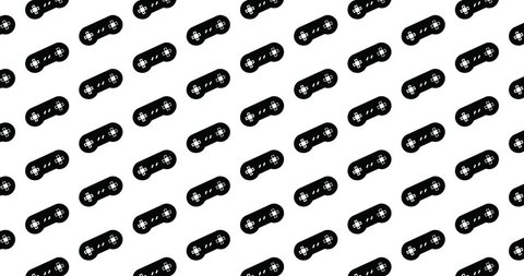 Video game icons background clip motion backdrop video in a seamless repeating loop.  Black and white gaming and video gamer retro pattern background CGI high definition motion video clip
